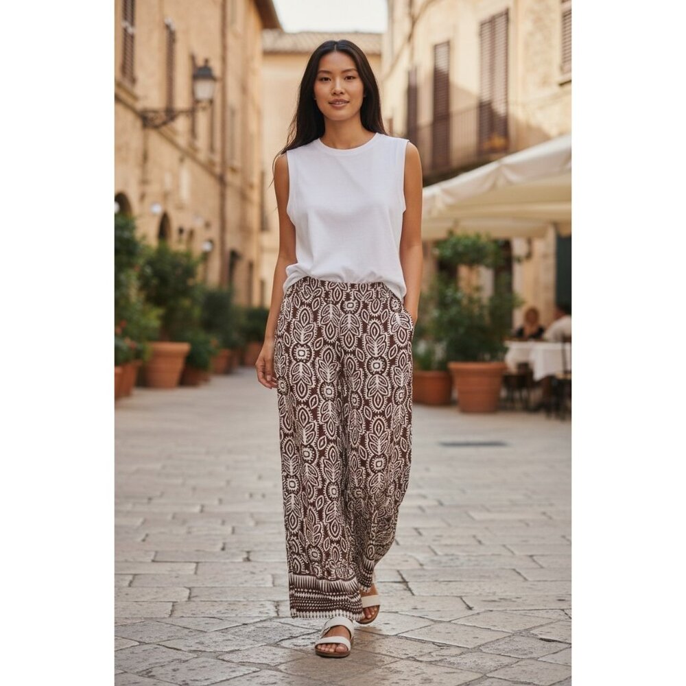 Rose +‎ Olive Resort Brown Beige Floral Wide Leg Pull On Rayon Pants M NWOT